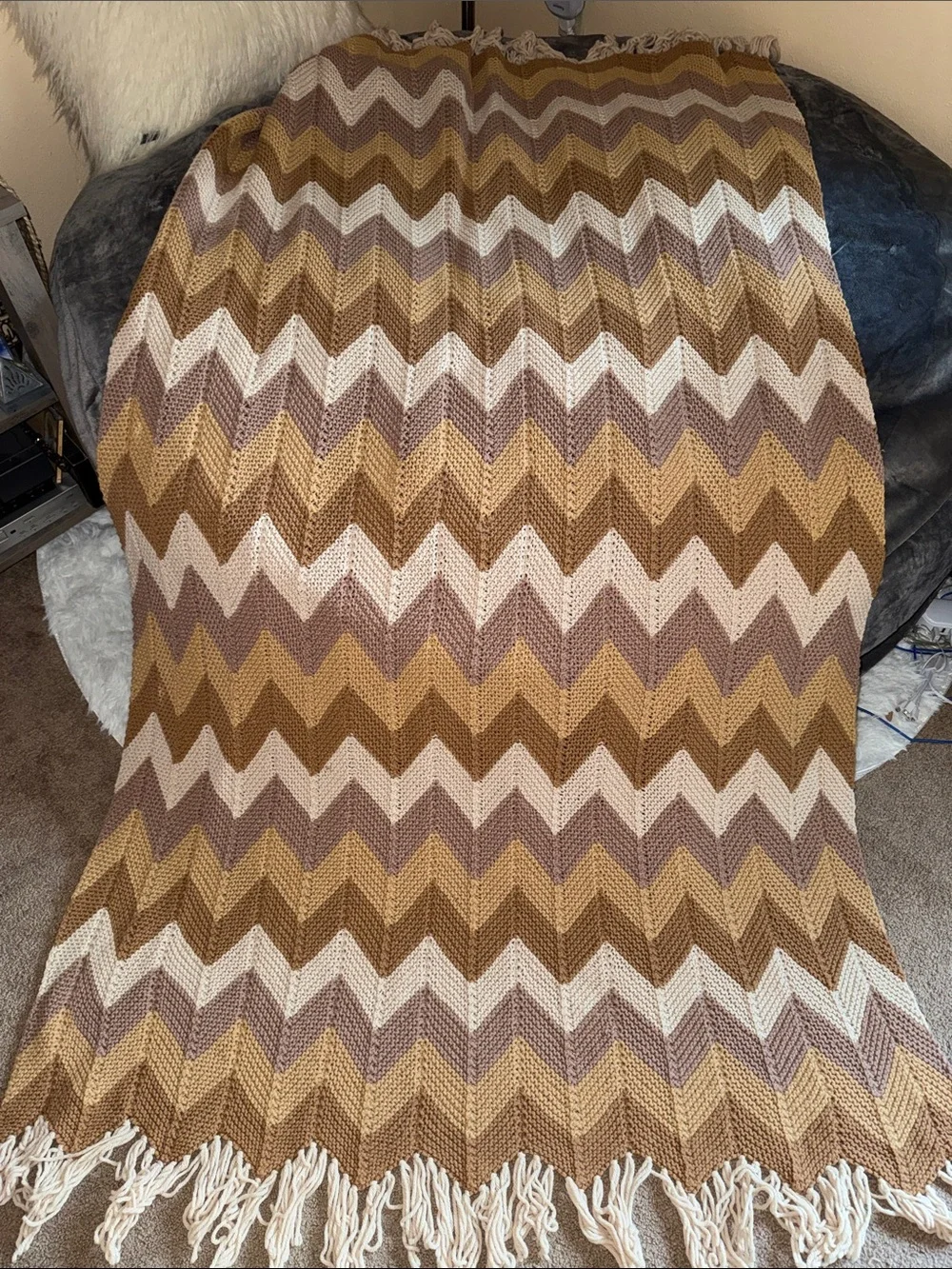 Neutral Chevron Knit Throw Blanket - Cream, Tan & Brown